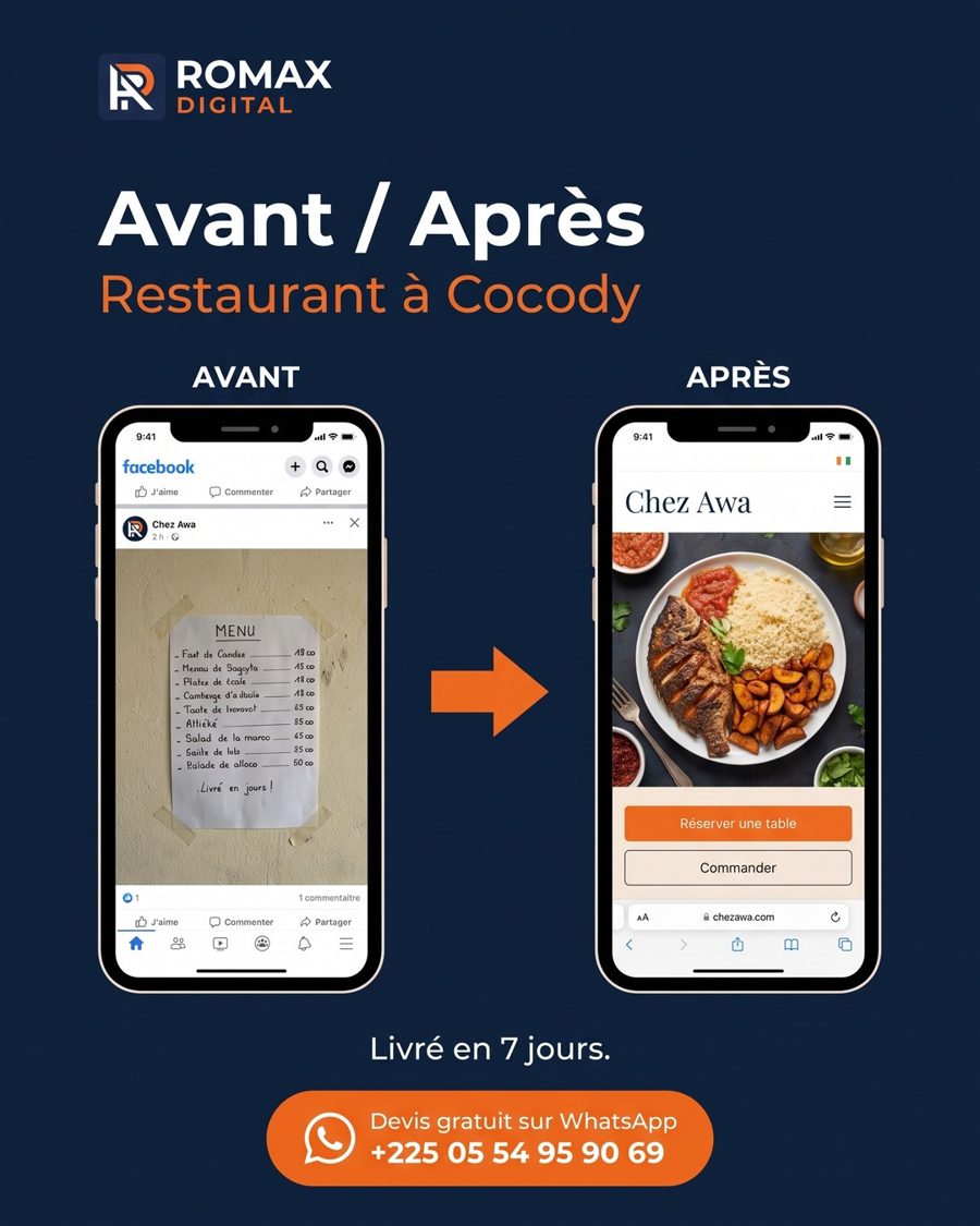 Avant : un menu photographié sur une feuille. Après : un site de restaurant avec réservation et commande.