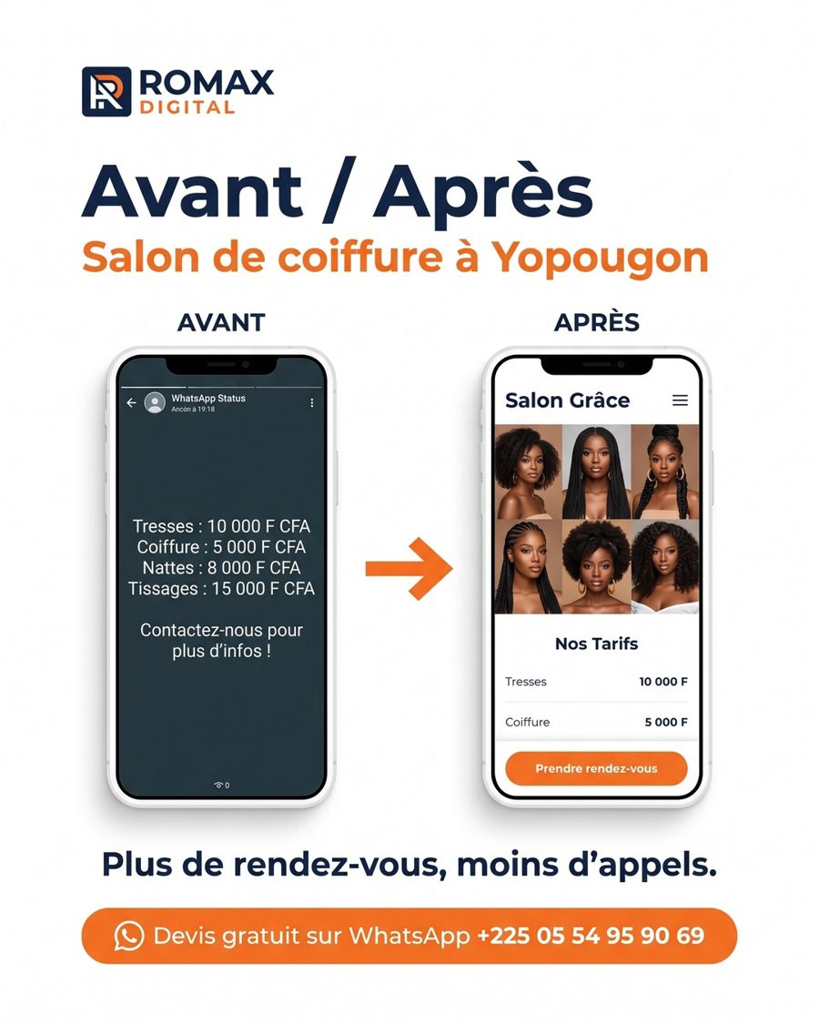 Avant : une liste de prix dans un statut WhatsApp. Après : un site de salon de coiffure avec galerie, tarifs et prise de rendez-vous.