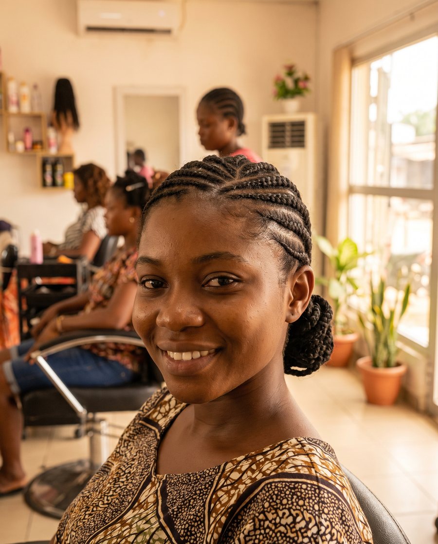 Nattes couchées avec chignon bas